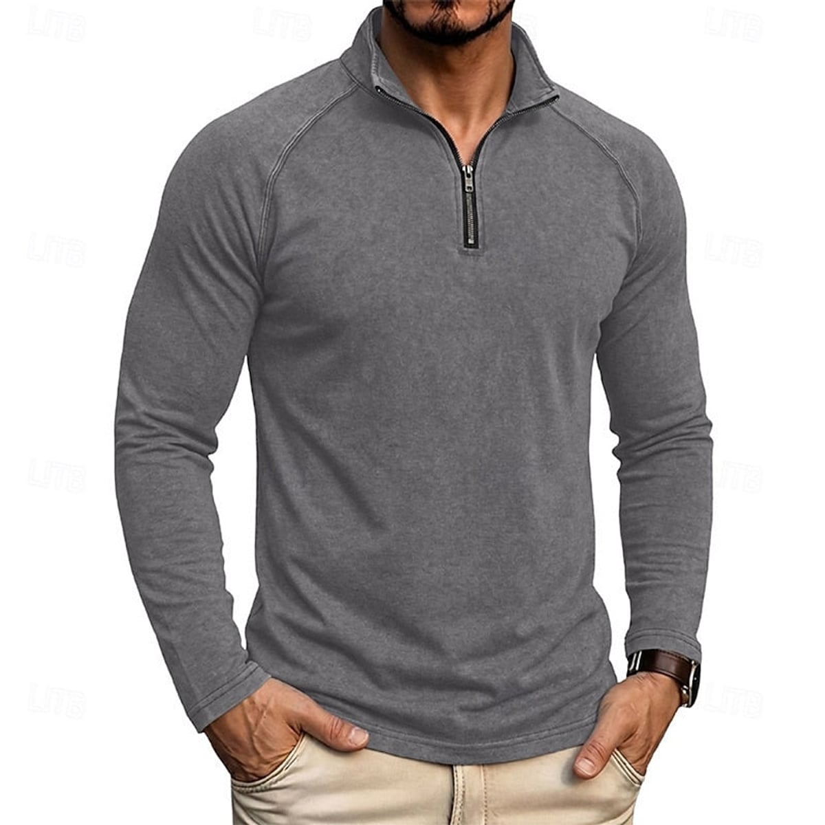 men's relaxed zip-neck top in dark gray