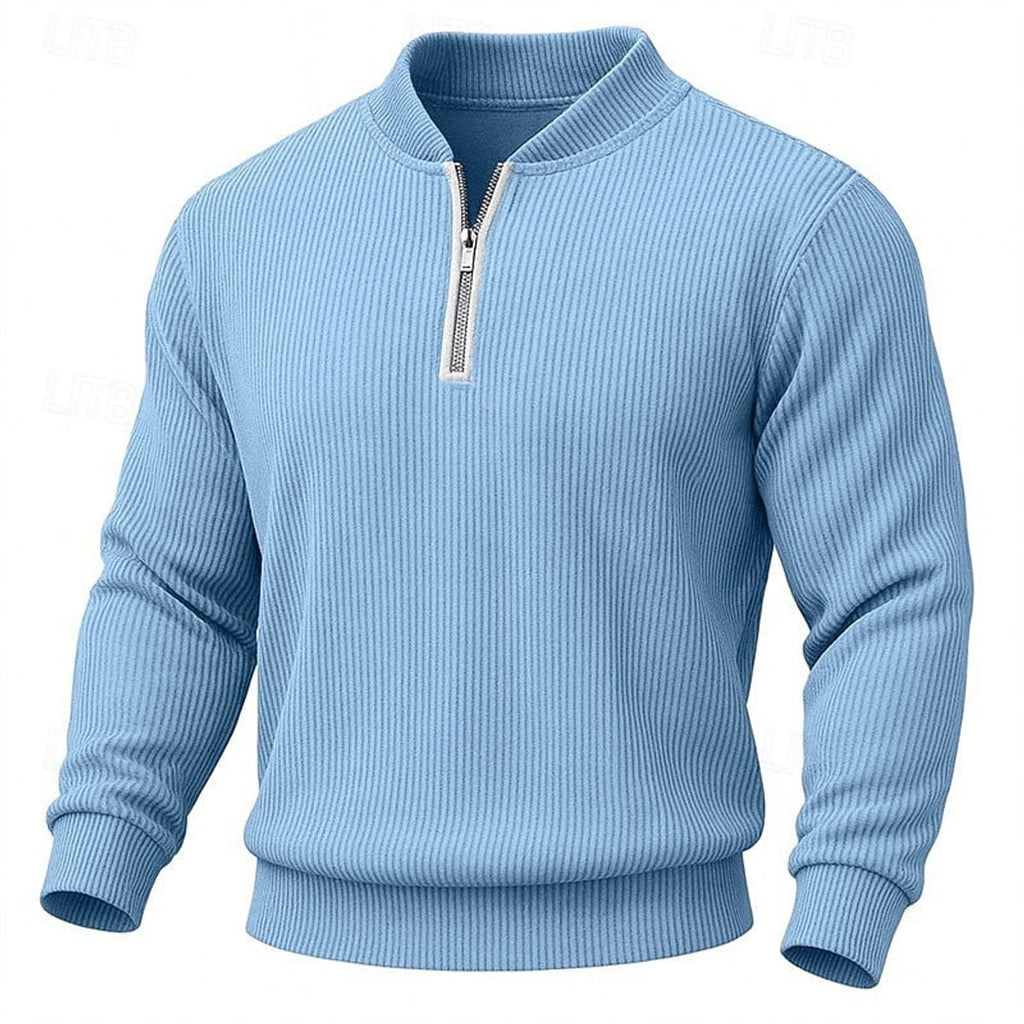 men's ribbed quarter-zip pullover in light blue
