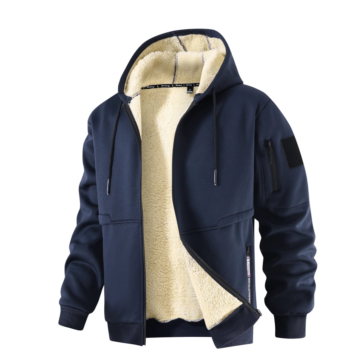 men's sherpa-lined hooded zip-up jacket in navy blue