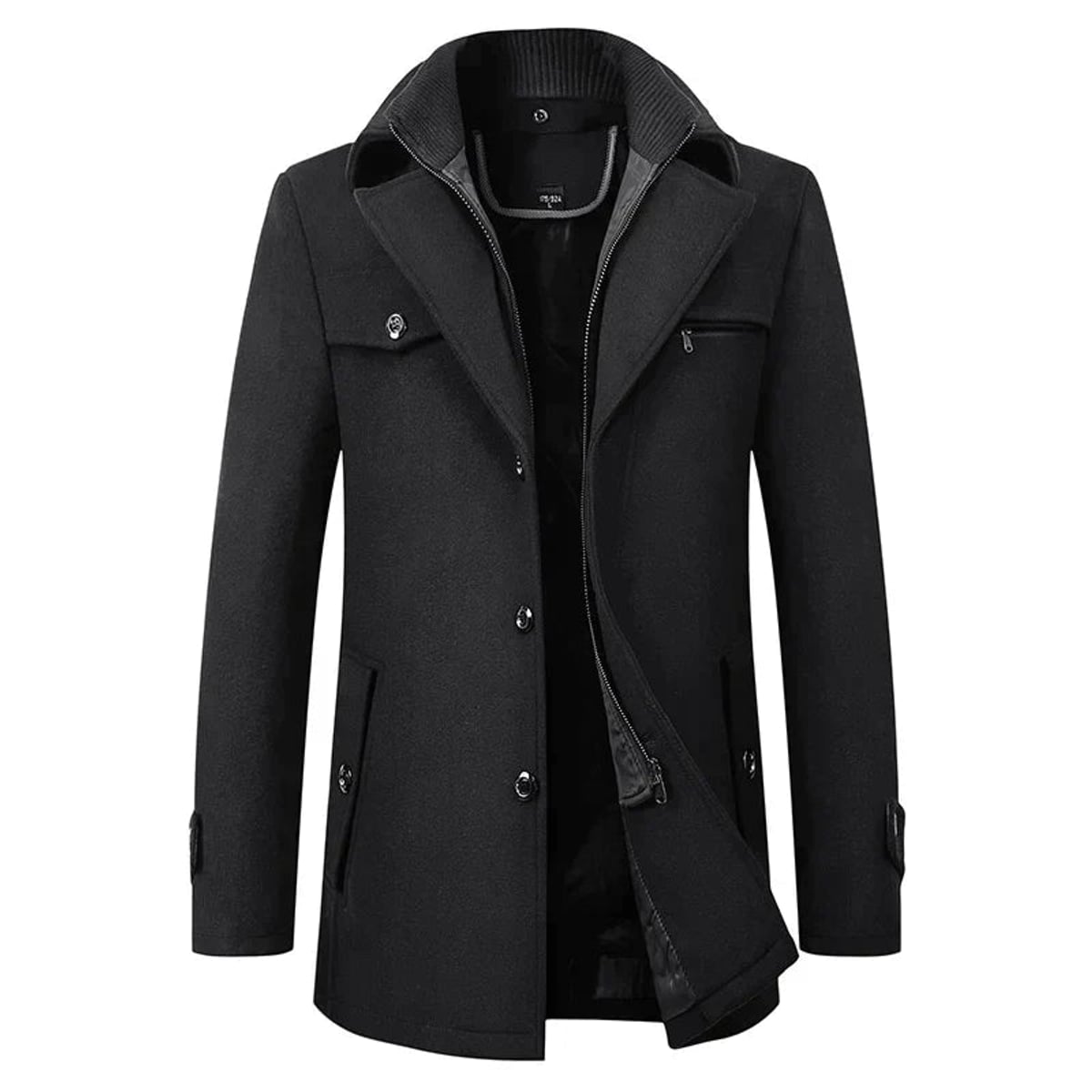 men's short winter coat with layered collar in black