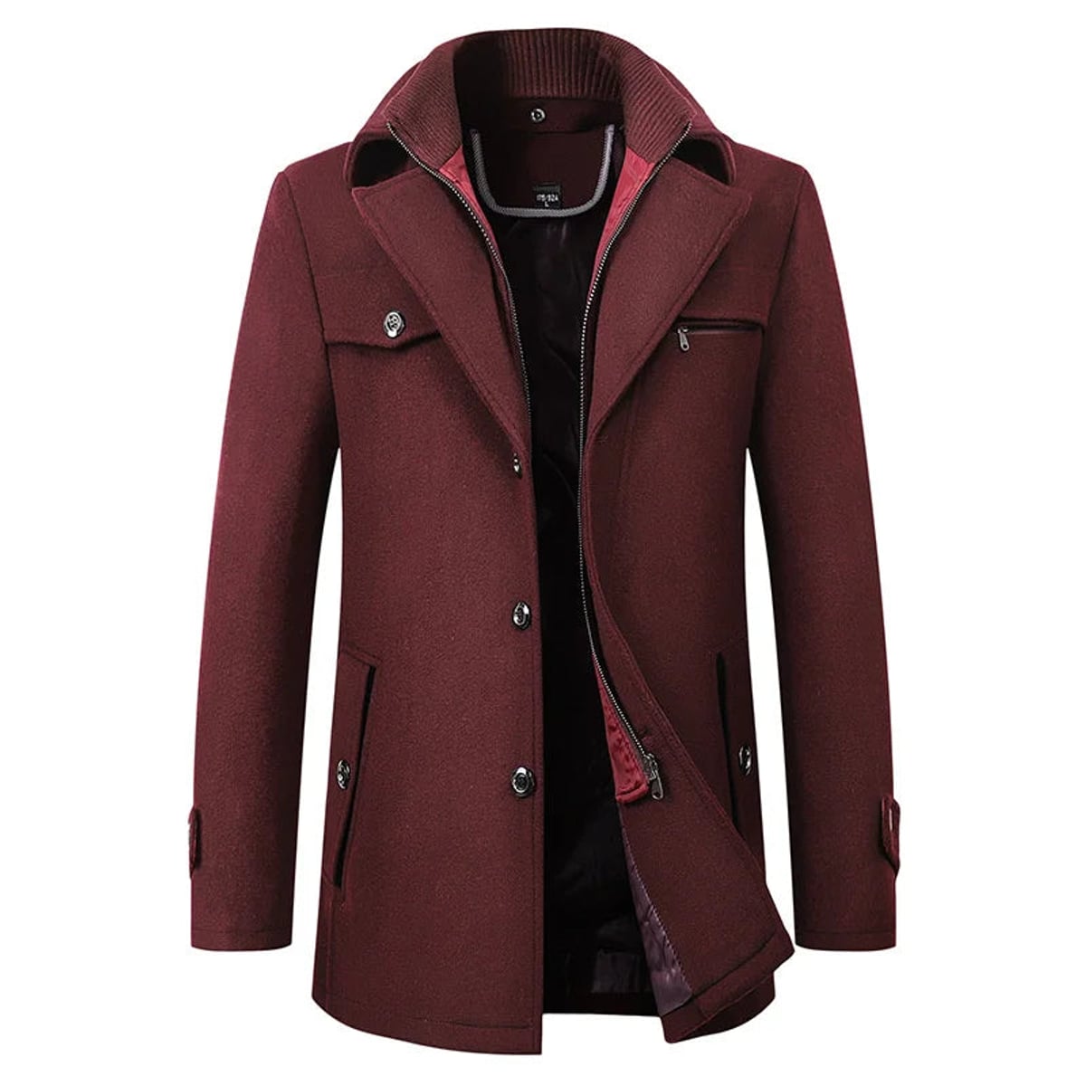 men's short winter coat with layered collar in red