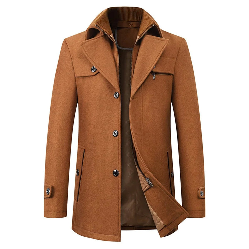 men's short winter coat with layered collar in brown