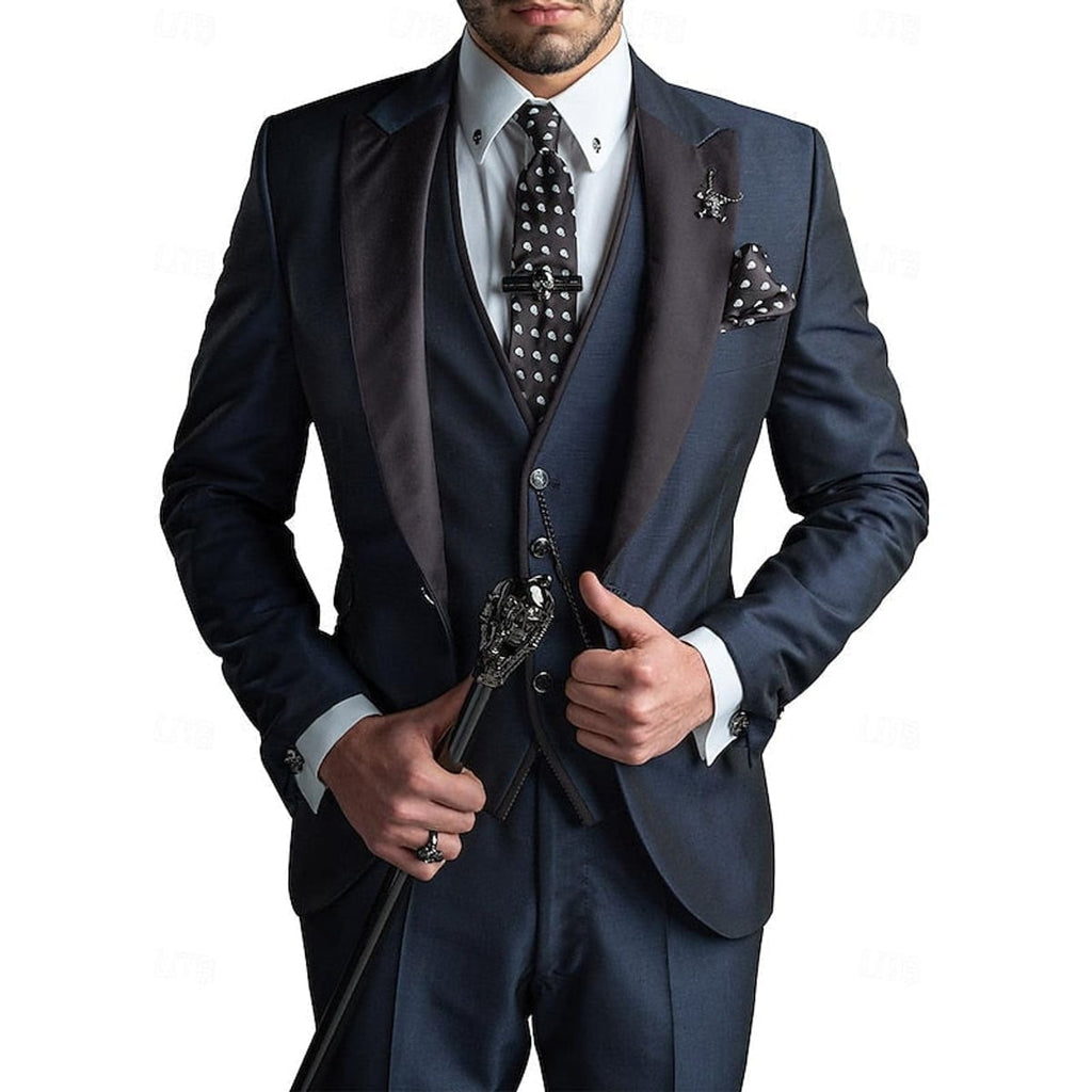 men's slim fit 3 piece wedding suit in navy blue
