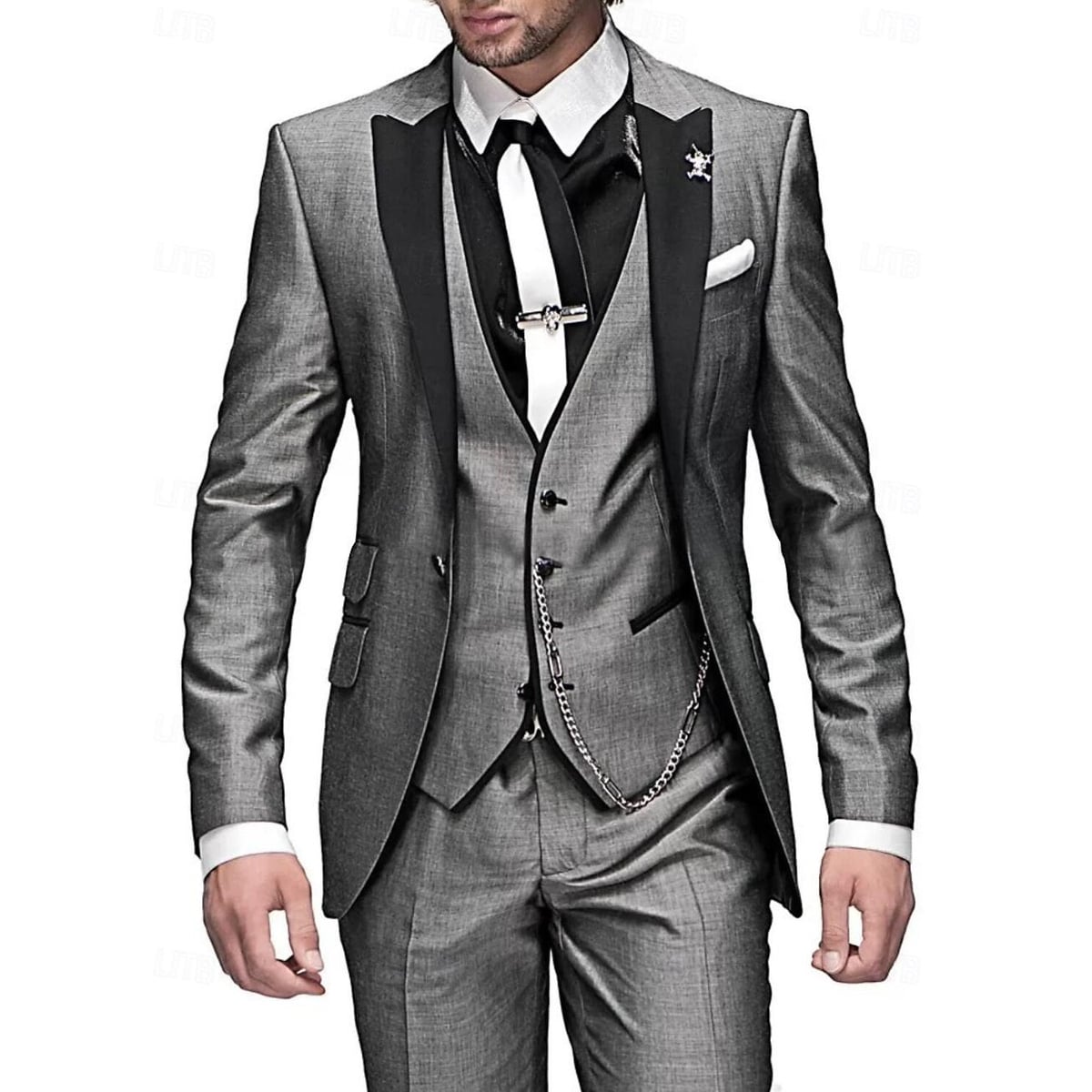 men's slim fit 3 piece wedding suit in gray