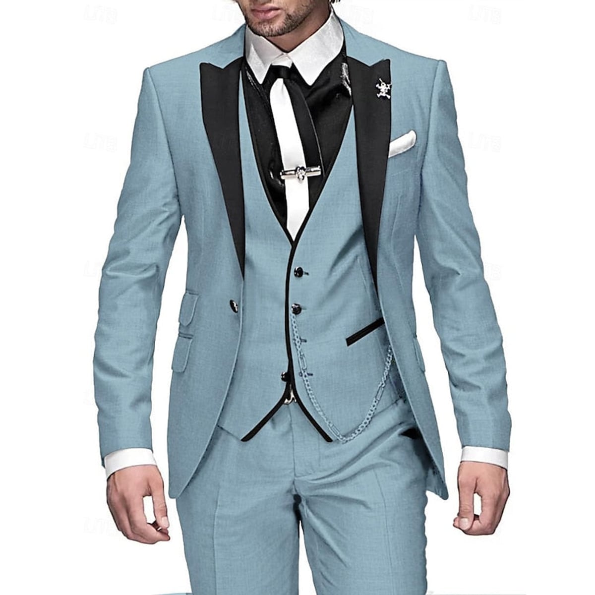 men's slim fit 3 piece wedding suit in light blue