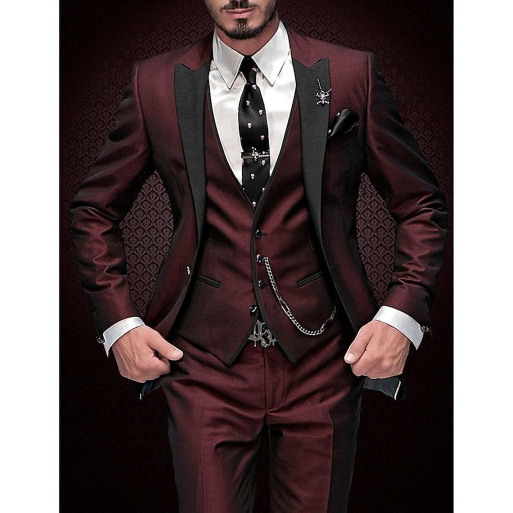 men's slim fit 3 piece wedding suit in wine red
