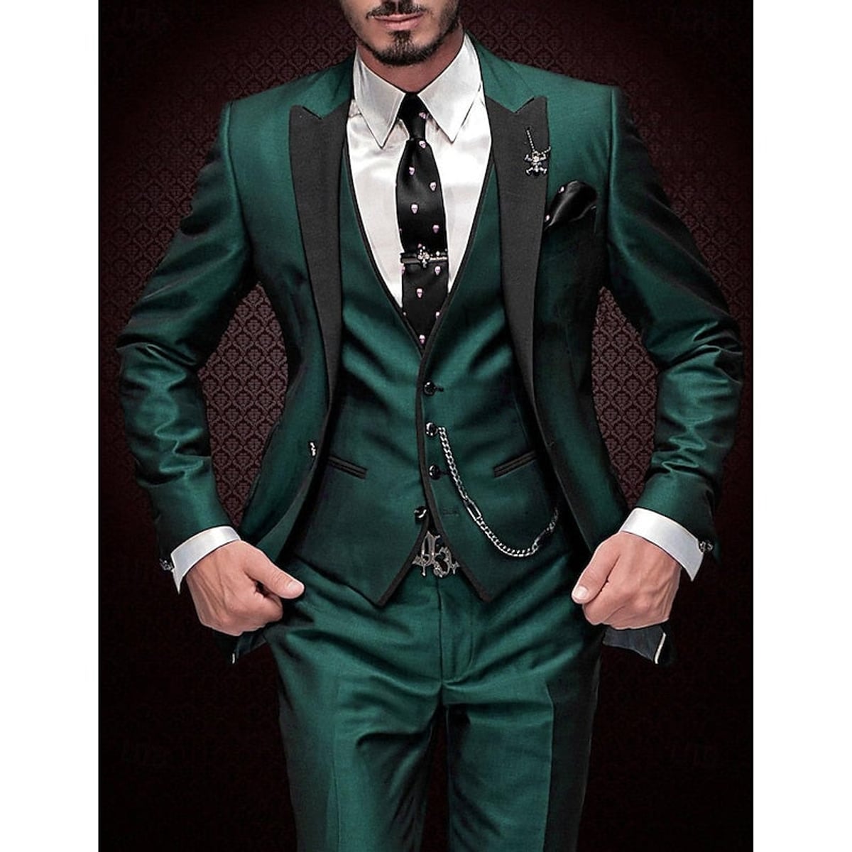men's slim fit 3 piece wedding suit in dark green