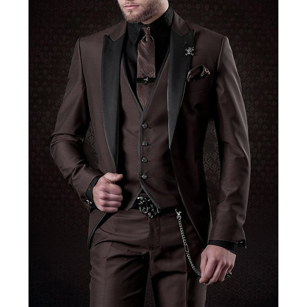 men's slim fit 3 piece wedding suit in dark brown