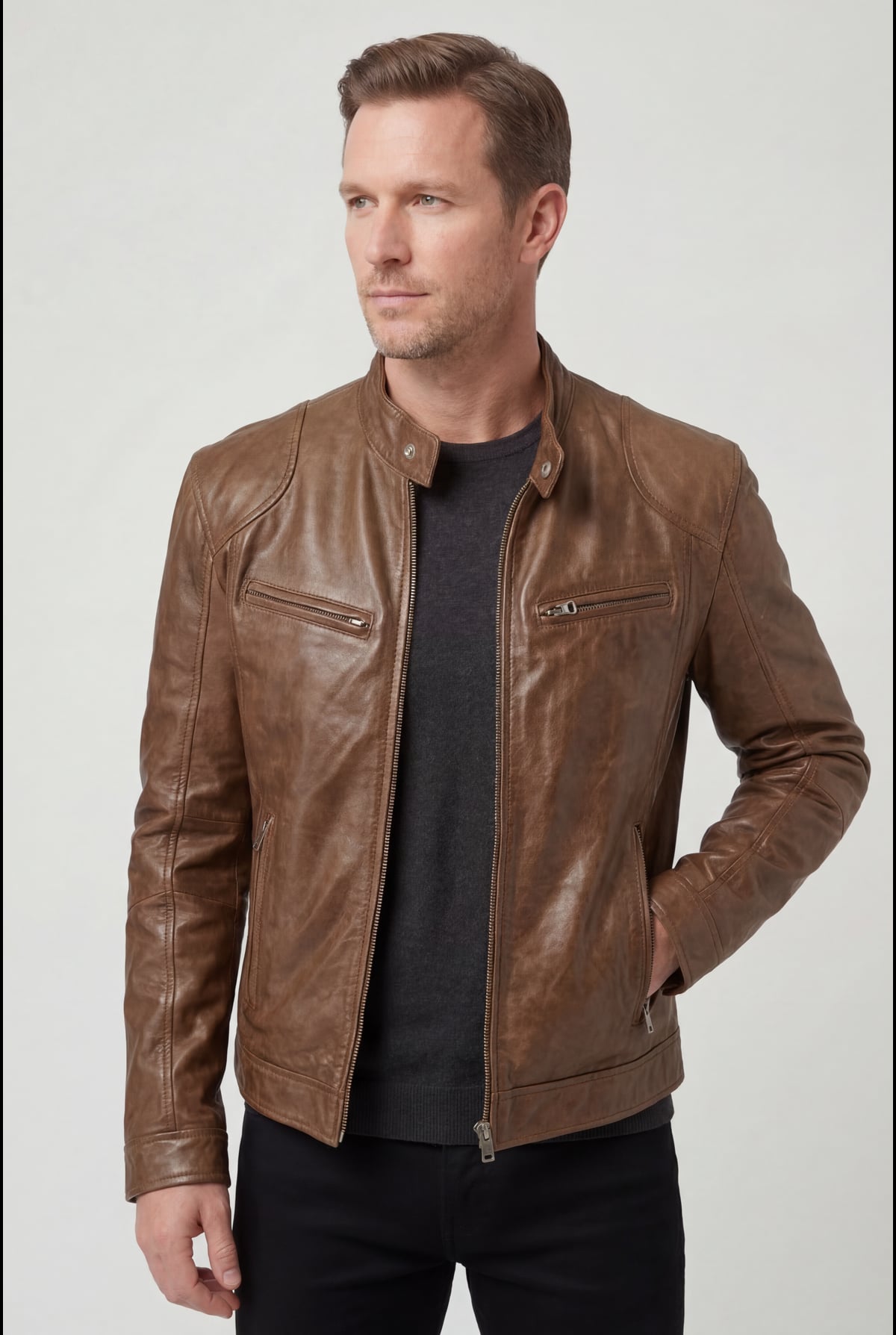men's slim fit biker blazer jacket in brown