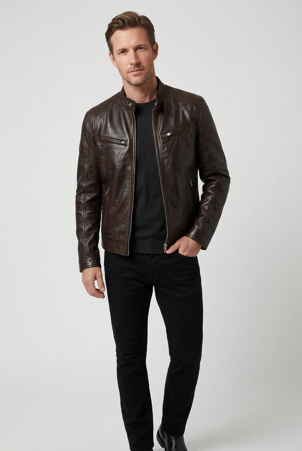 men's slim fit biker blazer jacket in dark brown