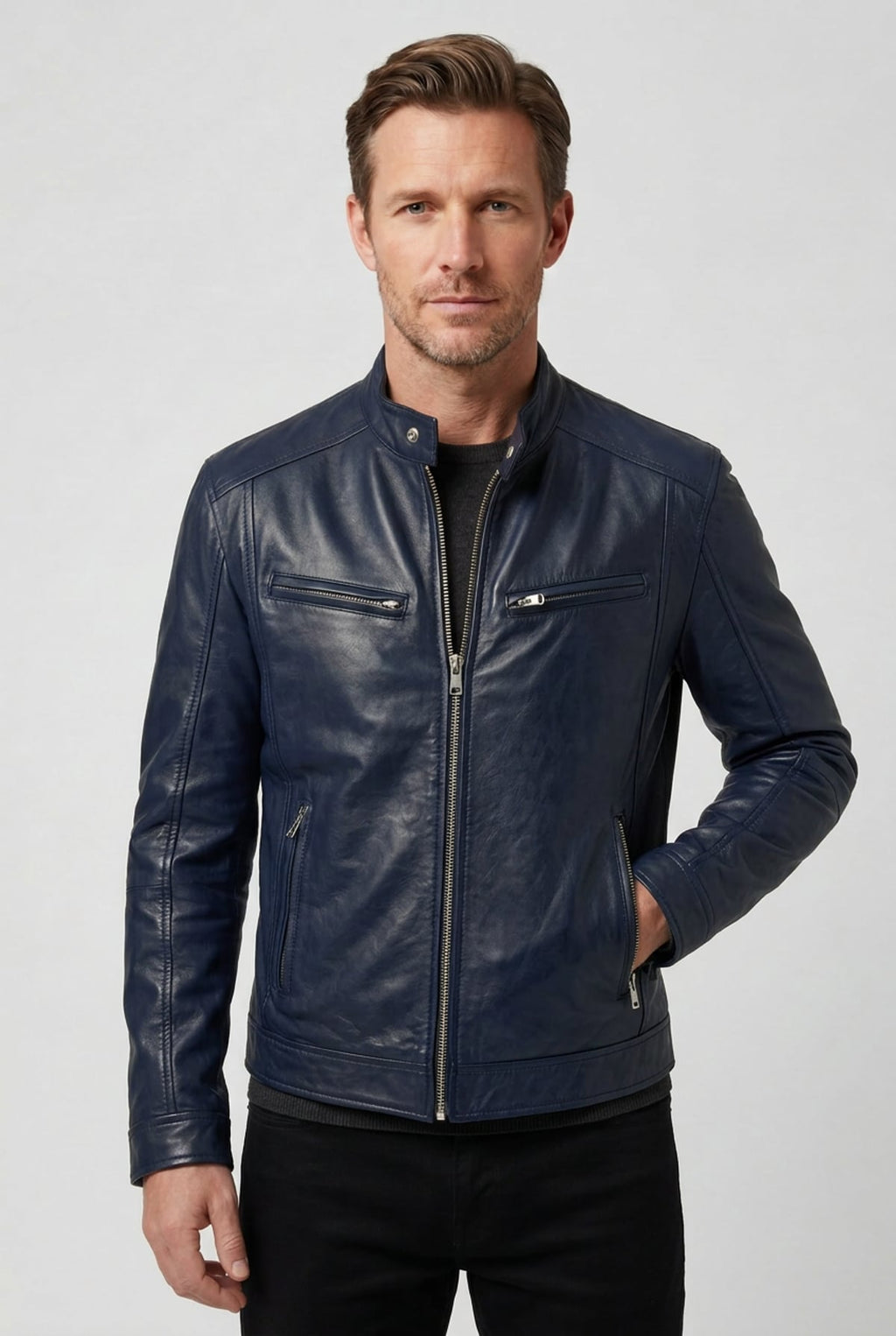 men's slim fit biker blazer jacket in navy