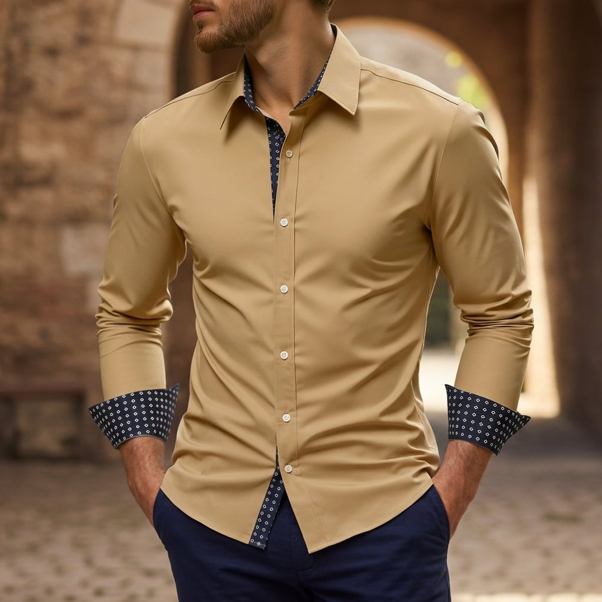 men's slim fit button shirt with contrast cuffs in brown