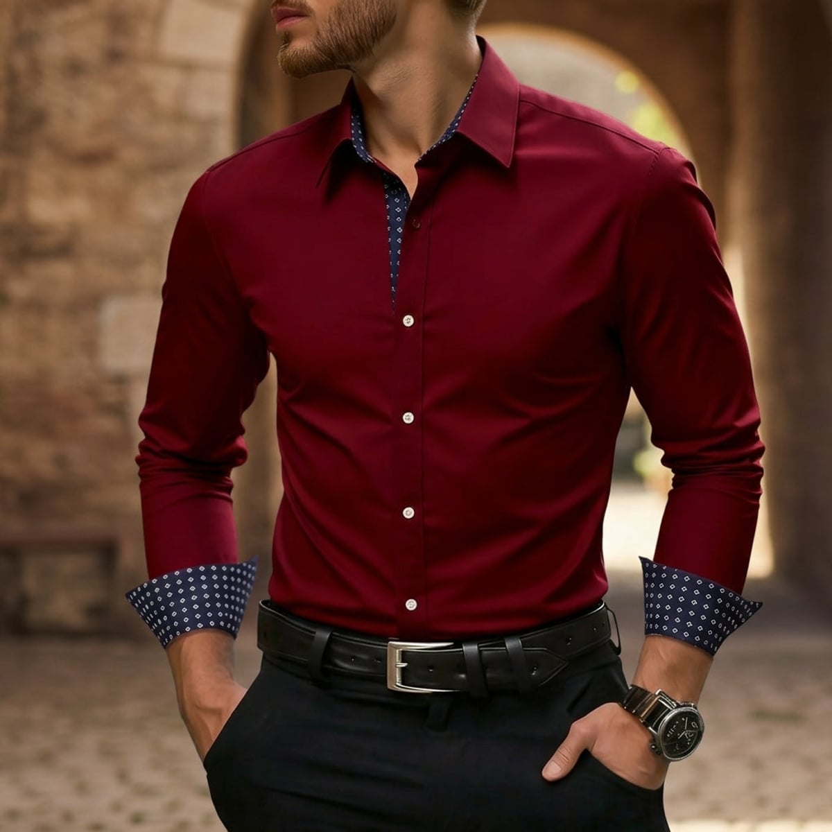 men's slim fit button shirt with contrast cuffs in red