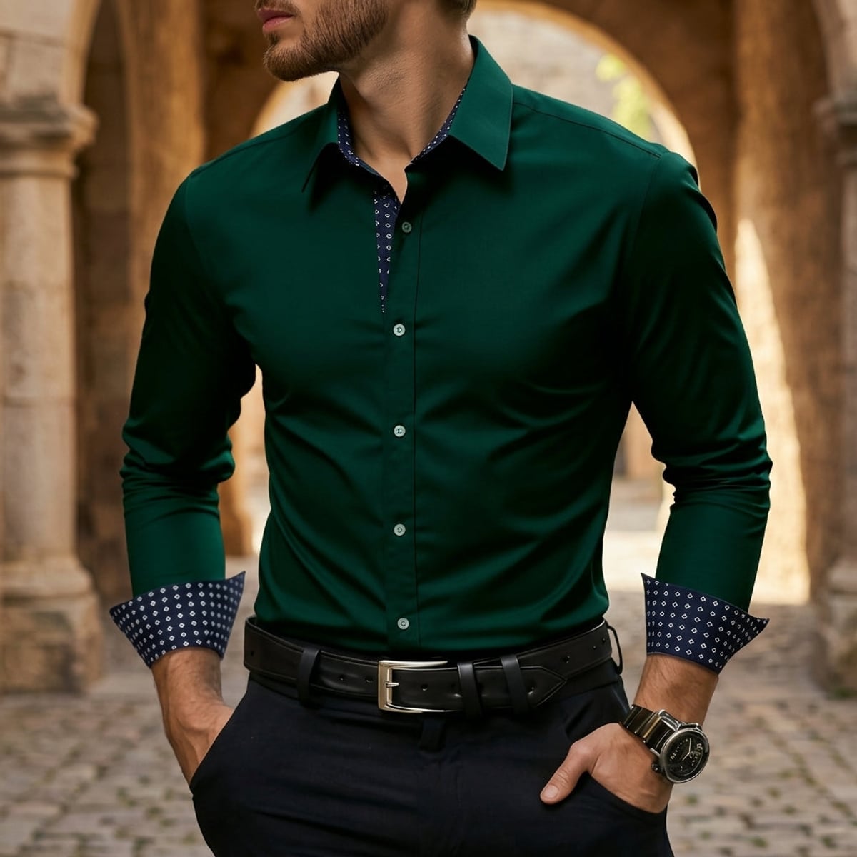 men's slim fit button shirt with contrast cuffs in green