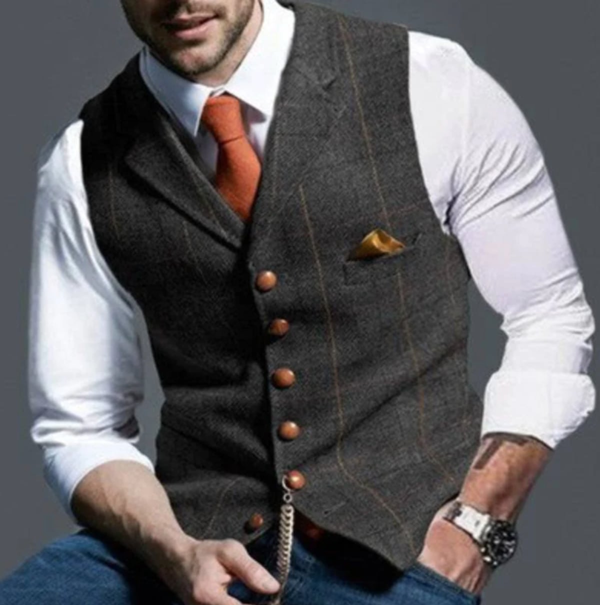 men's slim fit button-up waistcoat in dark gray