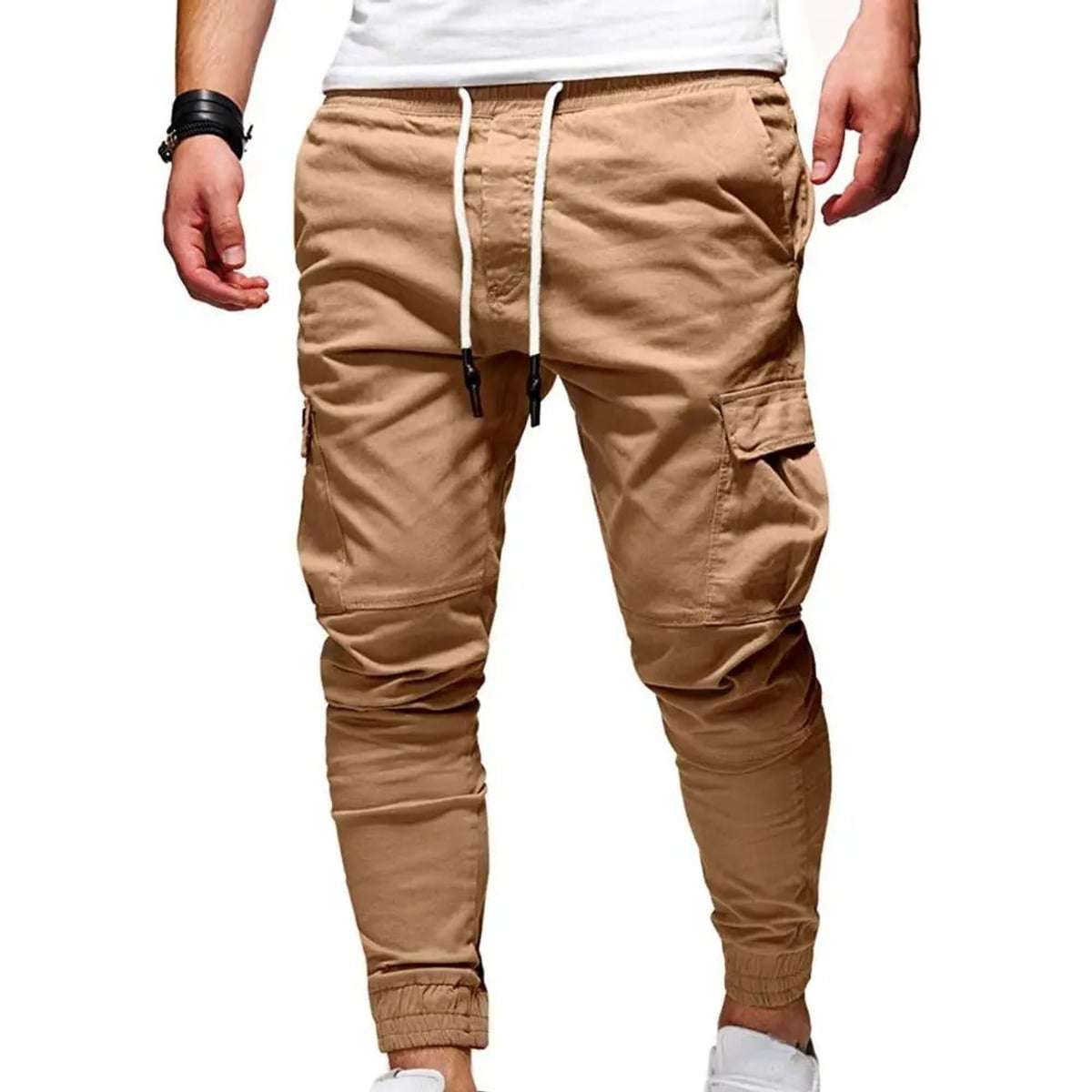 men's slim fit cargo jogger trousers in khaki