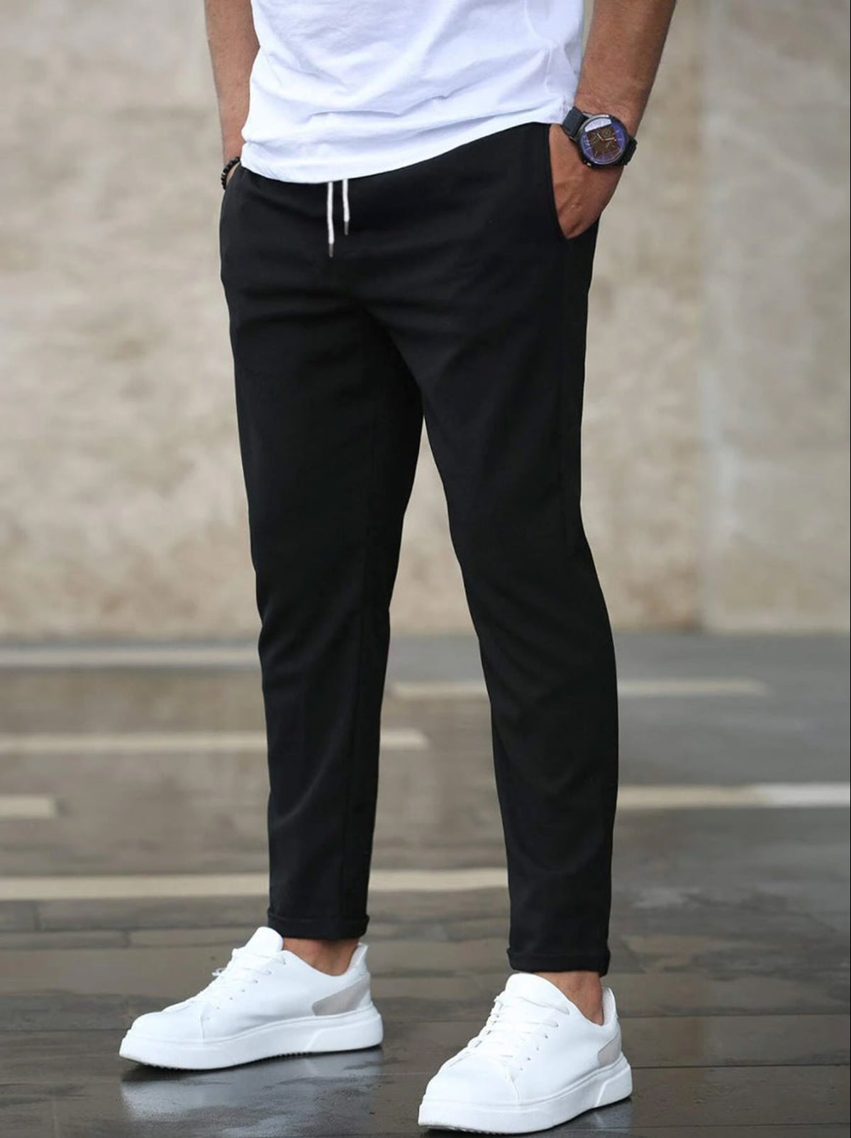 men's slim fit drawstring trousers in black