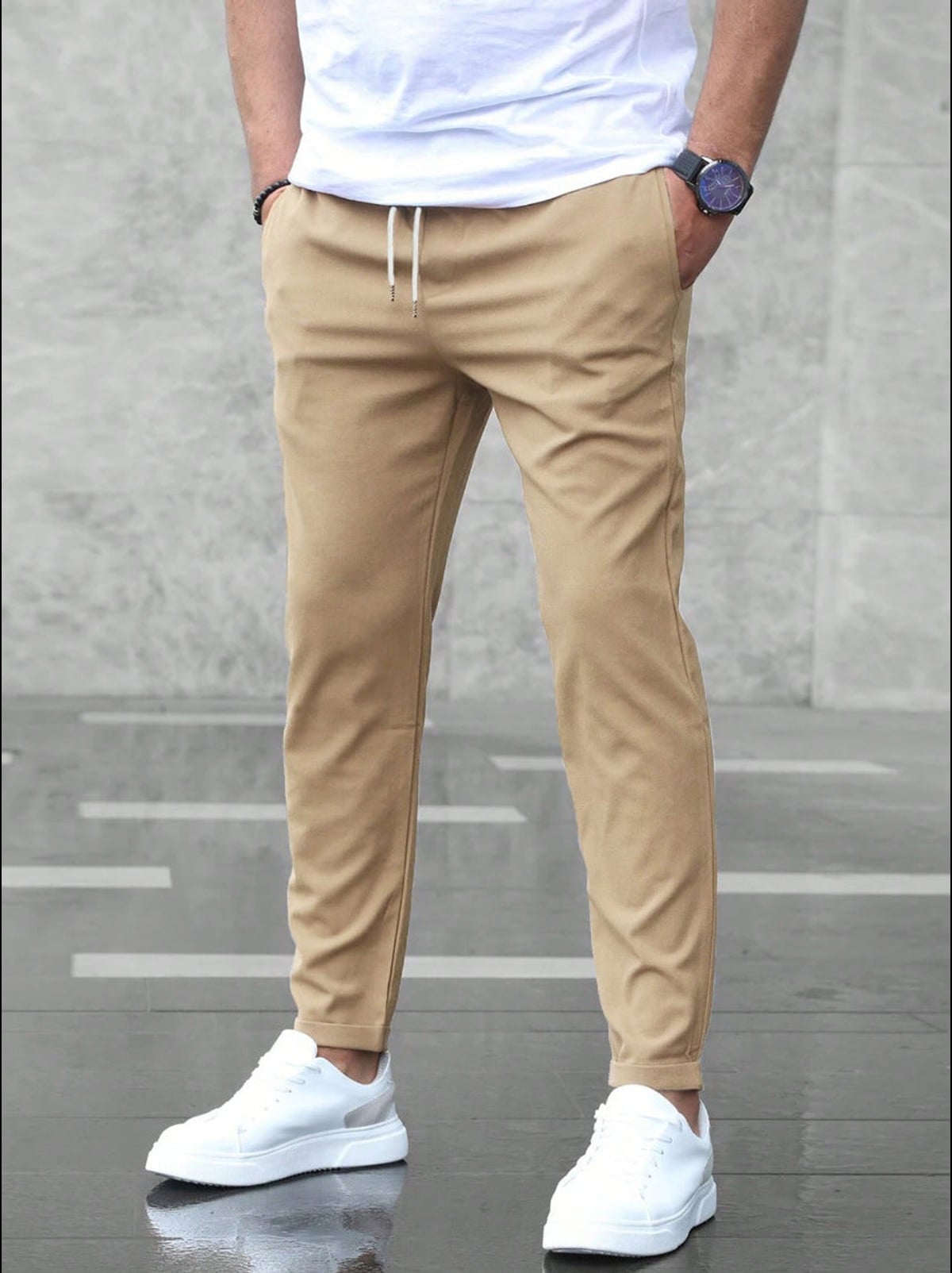 men's slim fit drawstring trousers in khaki