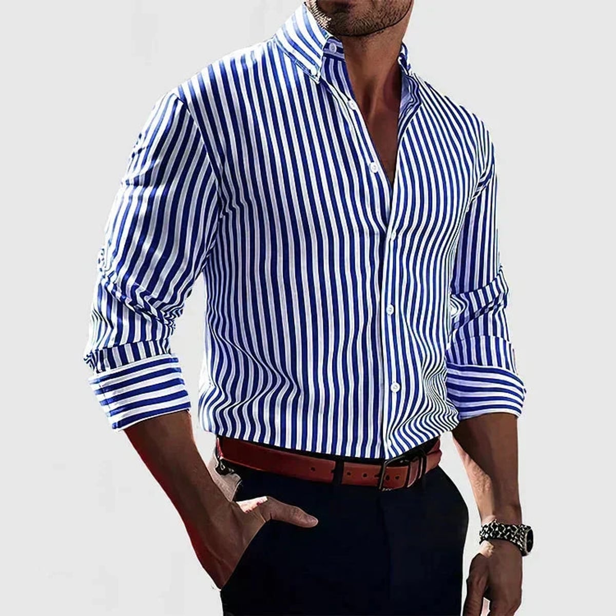 men's slim fit long sleeve button-down shirt in dark blue