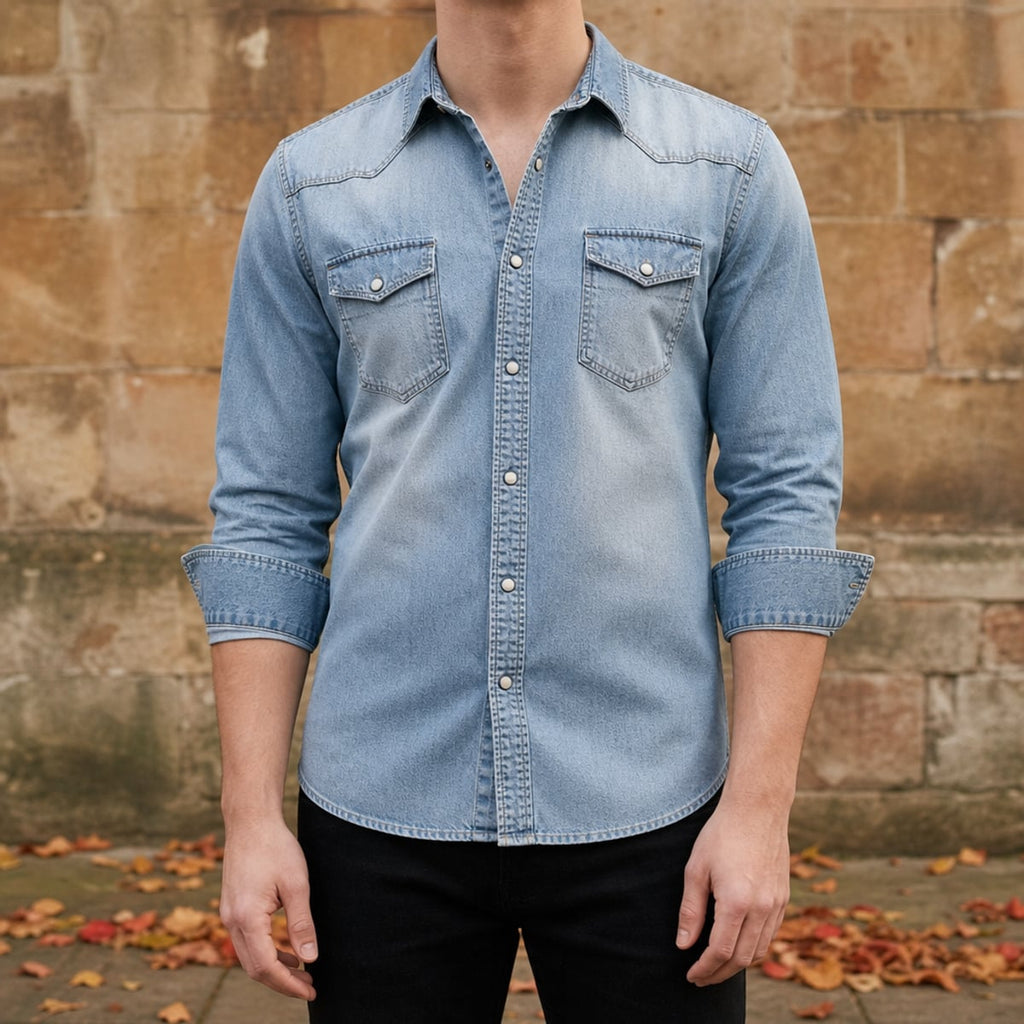 men's slim fit long sleeve denim shirt in light blue