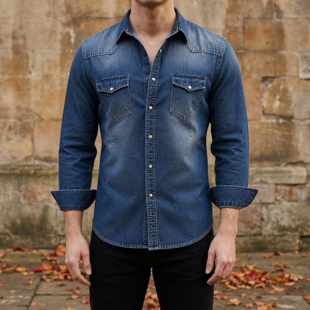 men's slim fit long sleeve denim shirt in dark blue