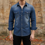 men's slim fit long sleeve denim shirt in dark blue