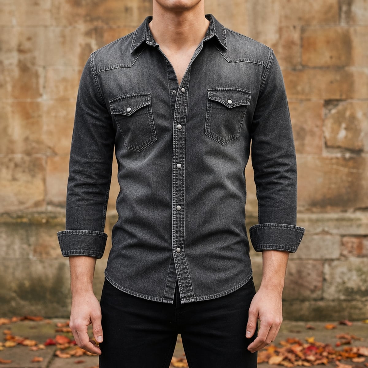 men's slim fit long sleeve denim shirt in black