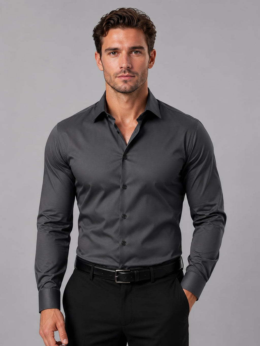 men's slim fit long sleeve dress shirt in black gray