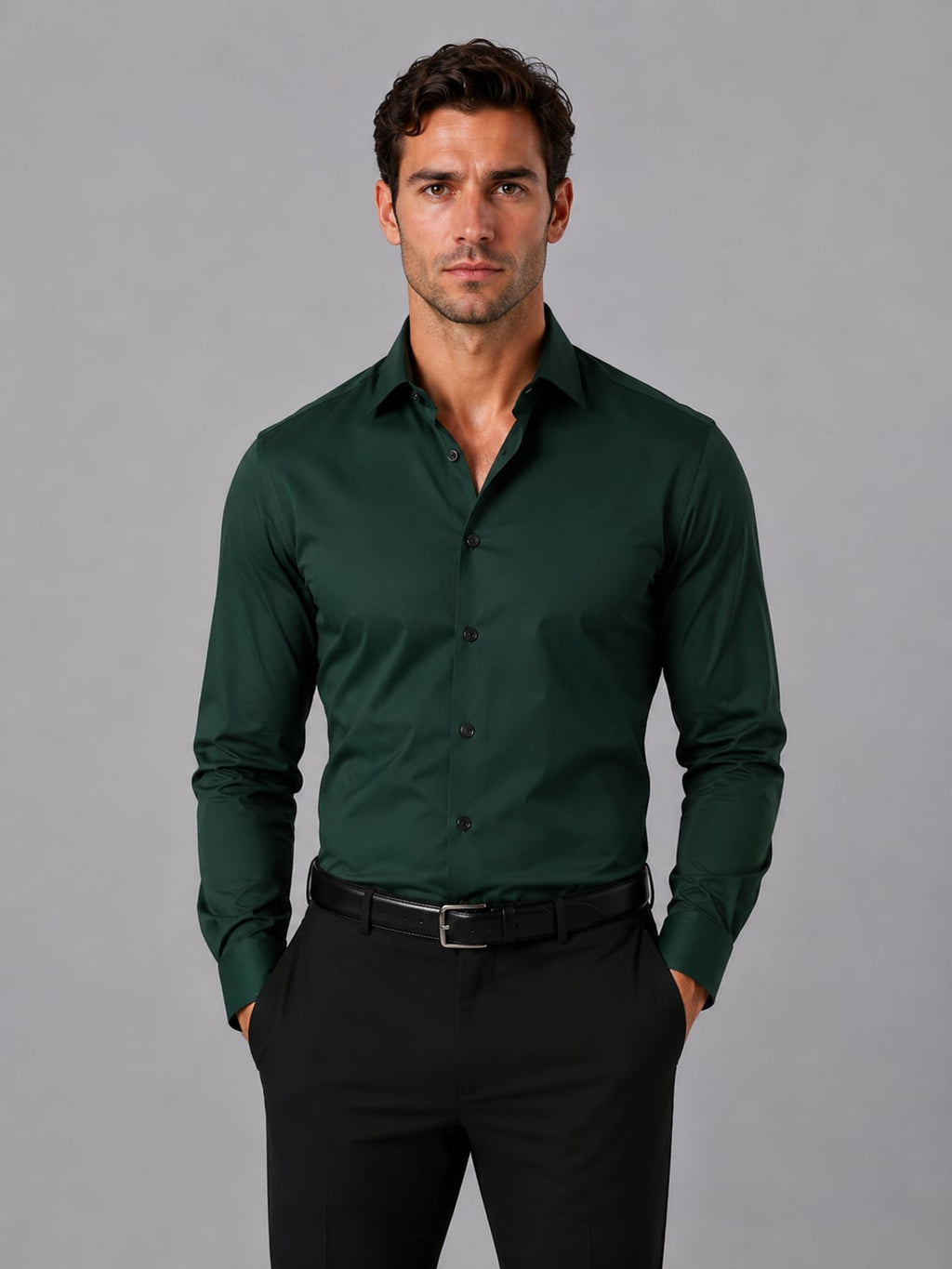 men's slim fit long sleeve dress shirt in dark green