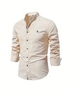 men's slim fit long sleeve grandad collar shirt in beige