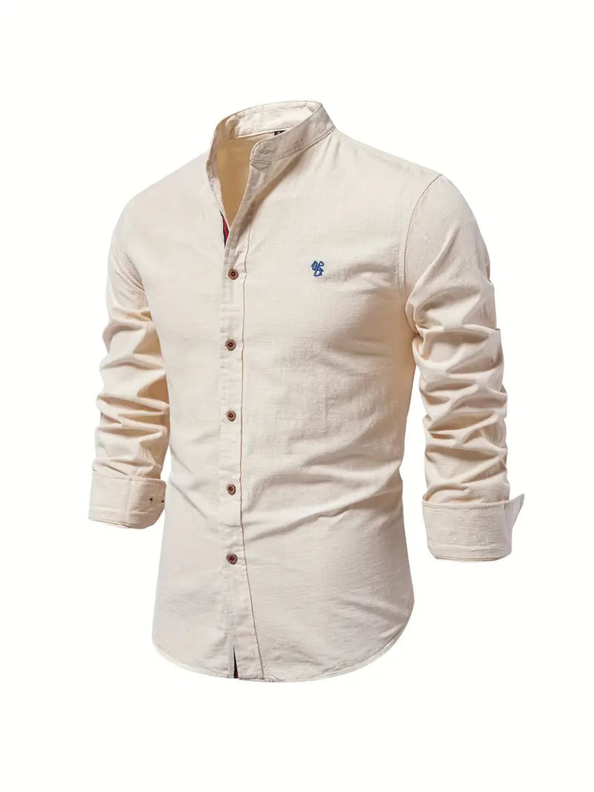 men's slim fit long sleeve grandad collar shirt in beige