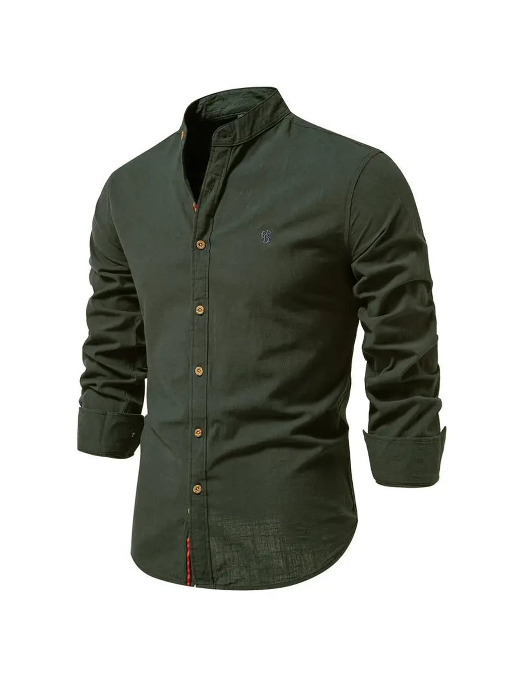 men's slim fit long sleeve grandad collar shirt in dark green