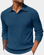 men's slim fit long sleeve knit polo in blue