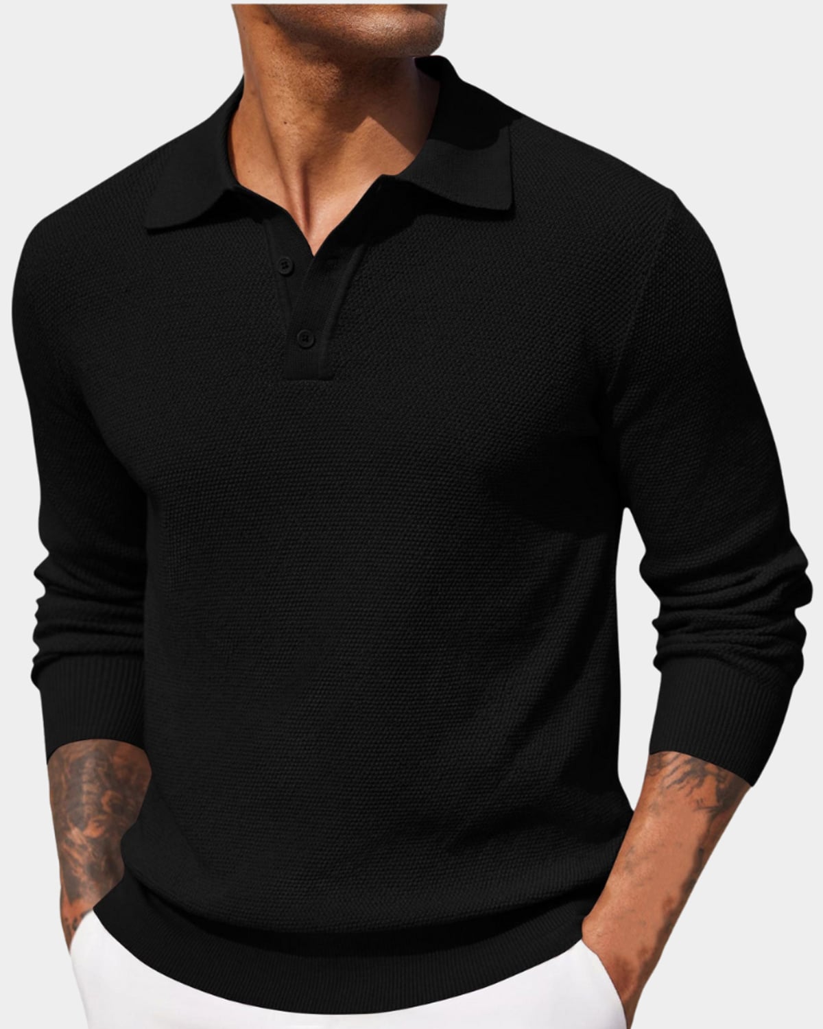men's slim fit long sleeve knit polo in black