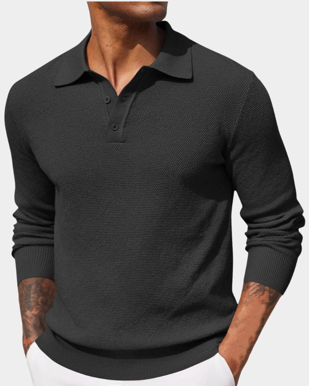 men's slim fit long sleeve knit polo in gray