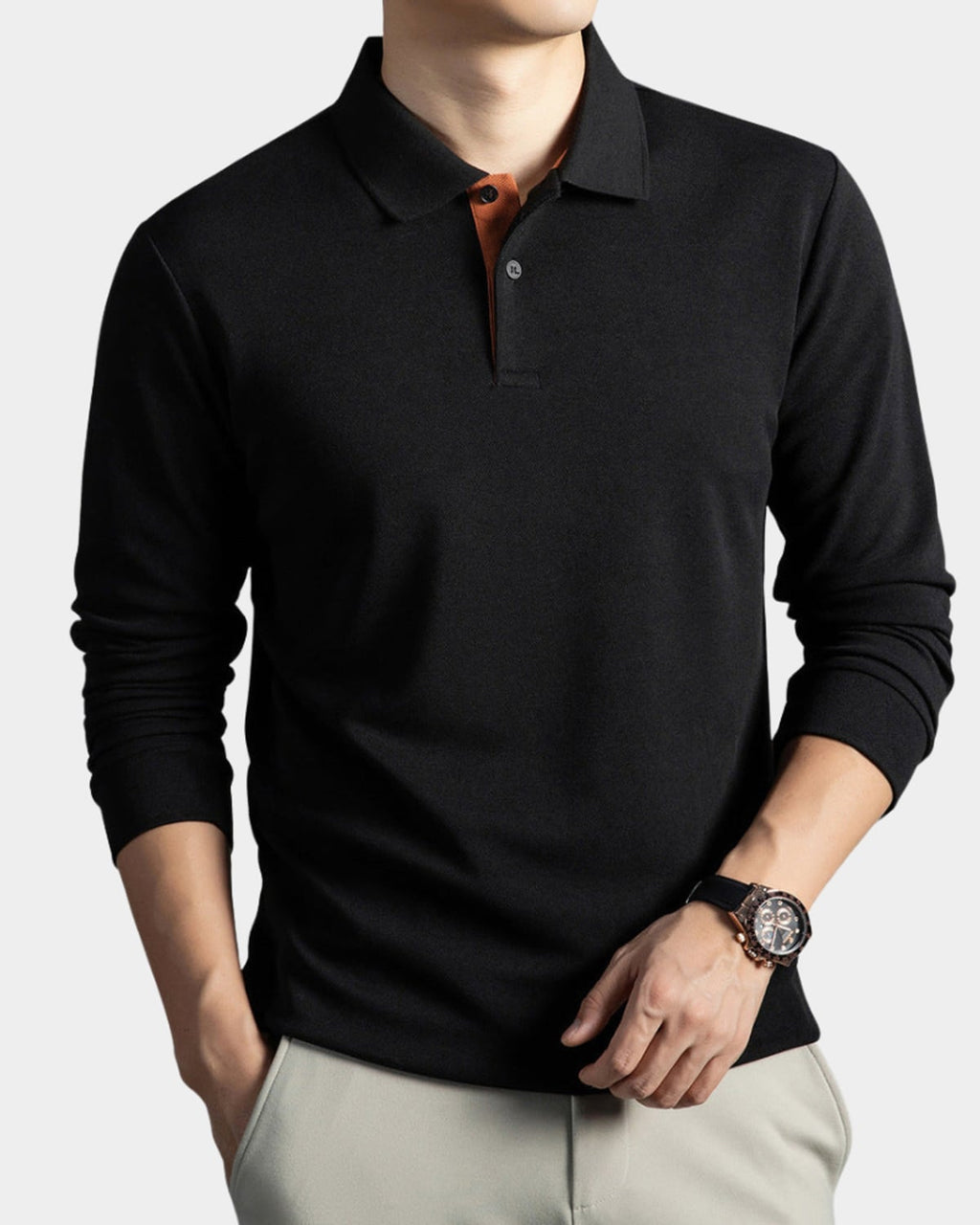 men's slim fit long sleeve polo shirt in black