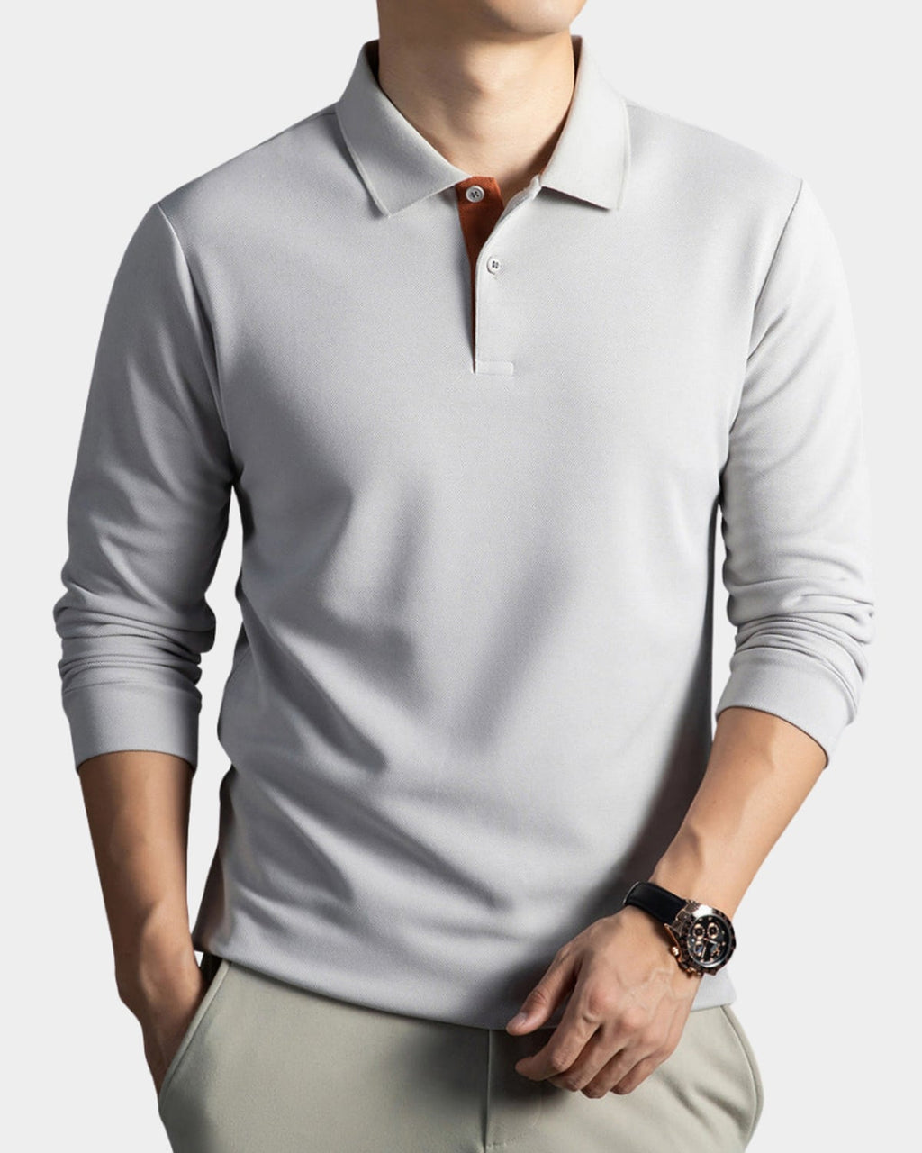 men's slim fit long sleeve polo shirt in light gray