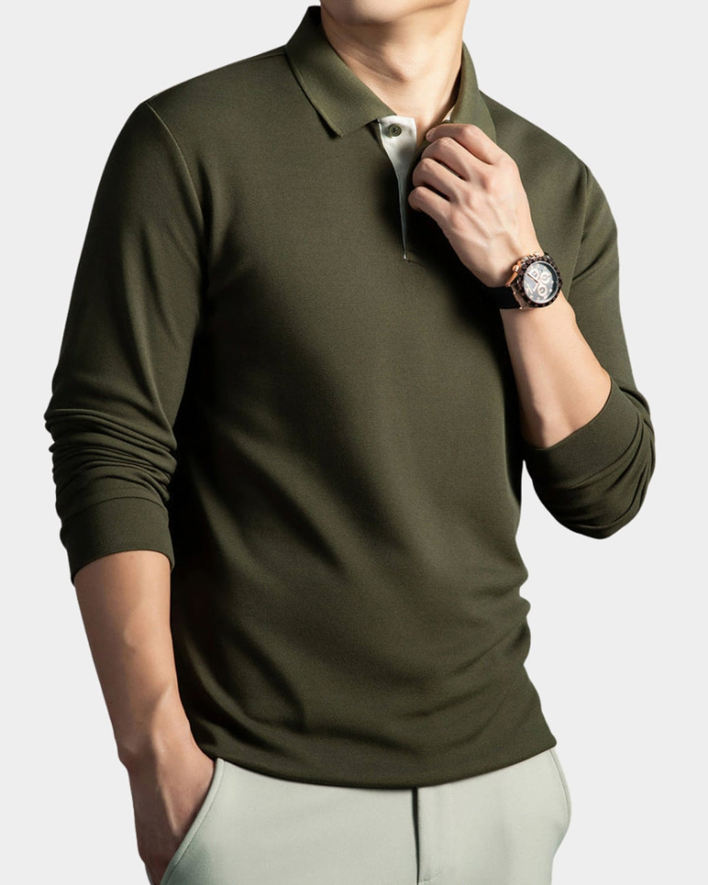 men's slim fit long sleeve polo shirt in dark green