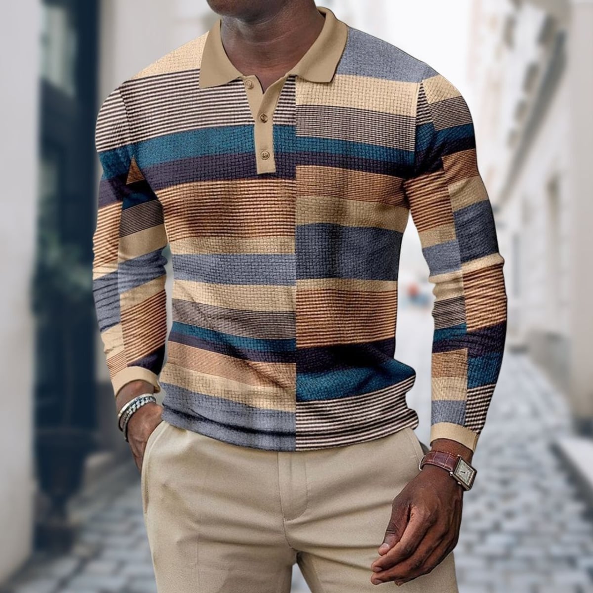 men's slim fit long sleeve striped polo shirt in brown