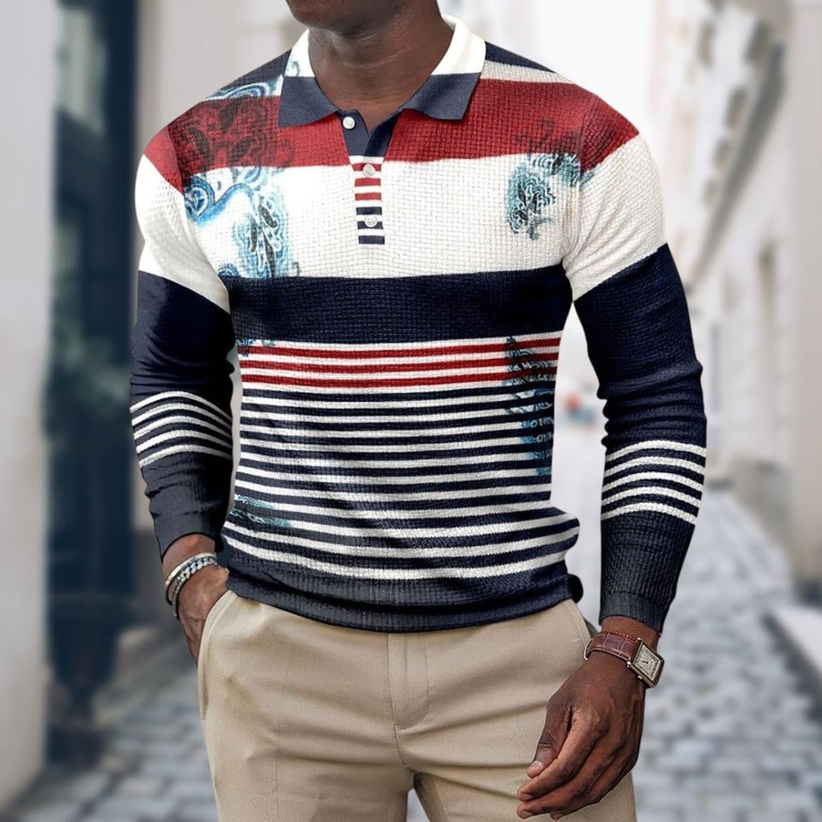 men's slim fit long sleeve striped polo shirt in white