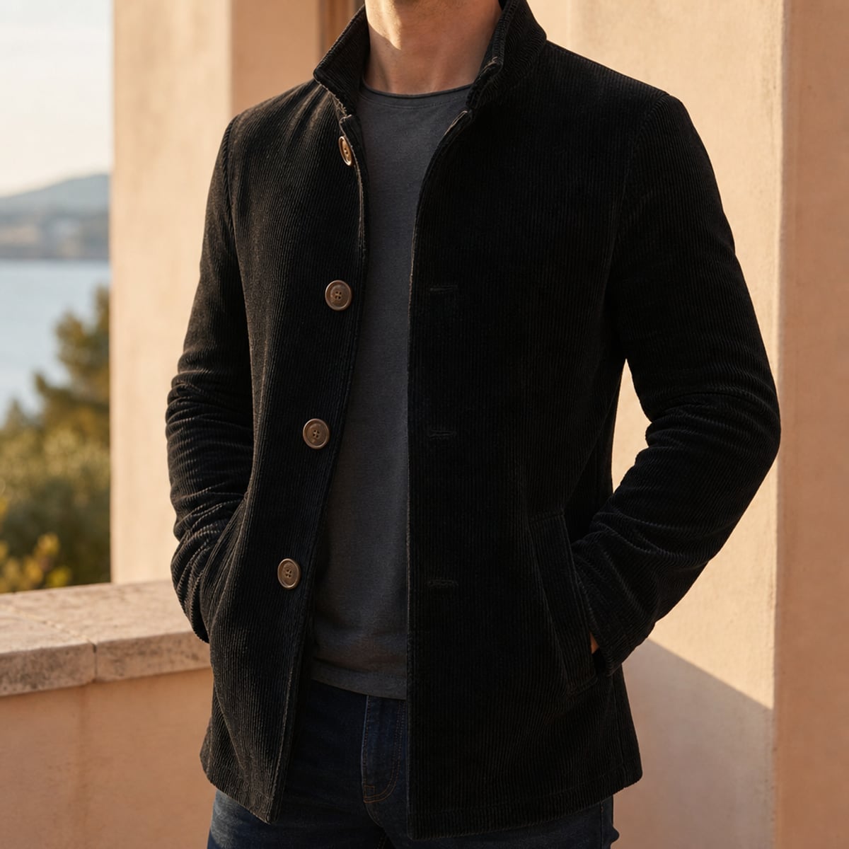 men's slim fit notch lapel overcoat in black