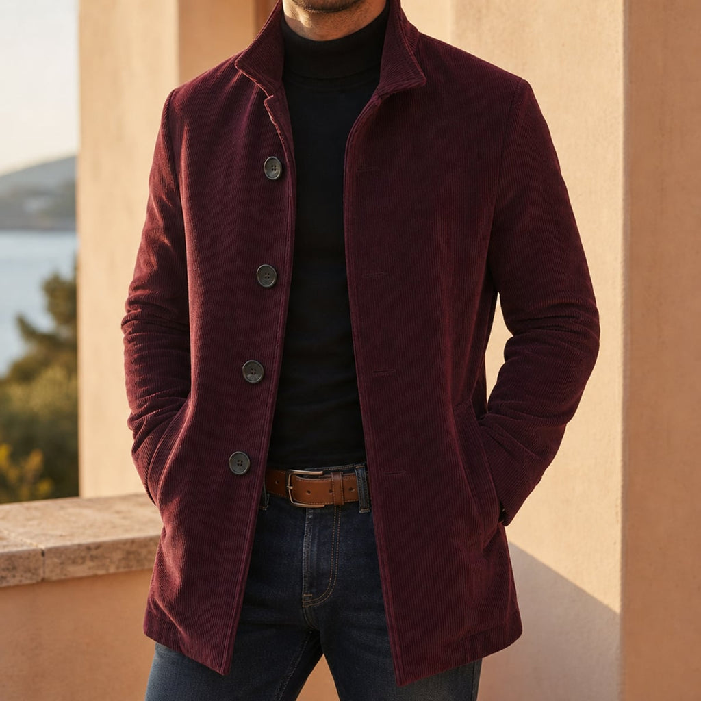 men's slim fit notch lapel overcoat in wine red