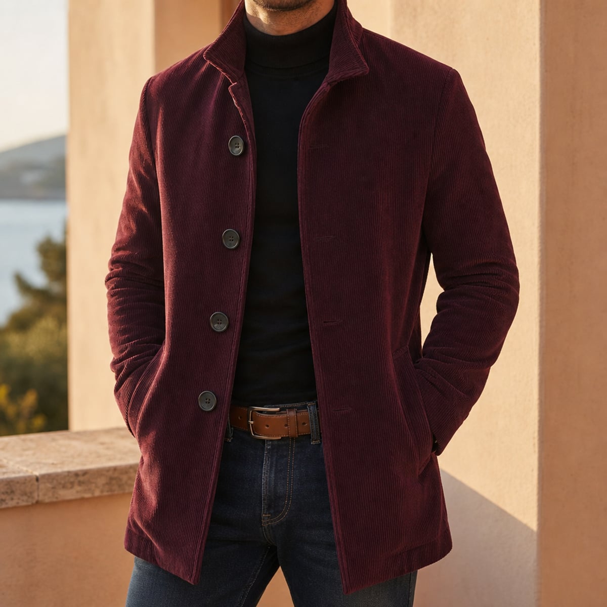 men's slim fit notch lapel overcoat in wine red