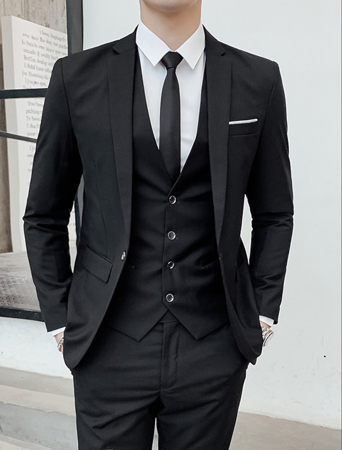 men's slim fit single-breasted 3 piece suit in black