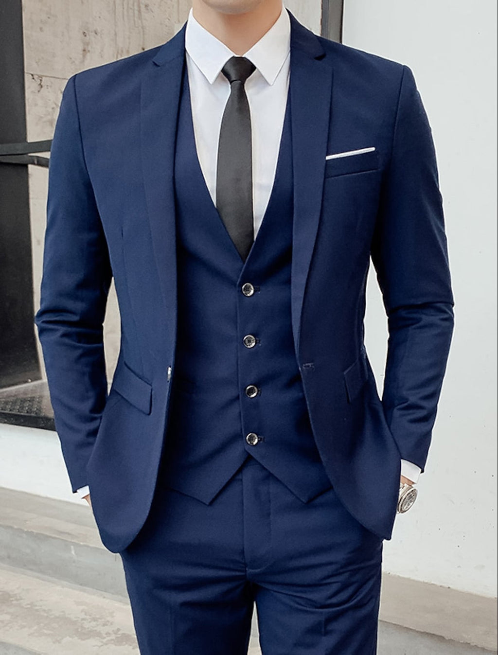 men's slim fit single-breasted 3 piece suit in navy blue