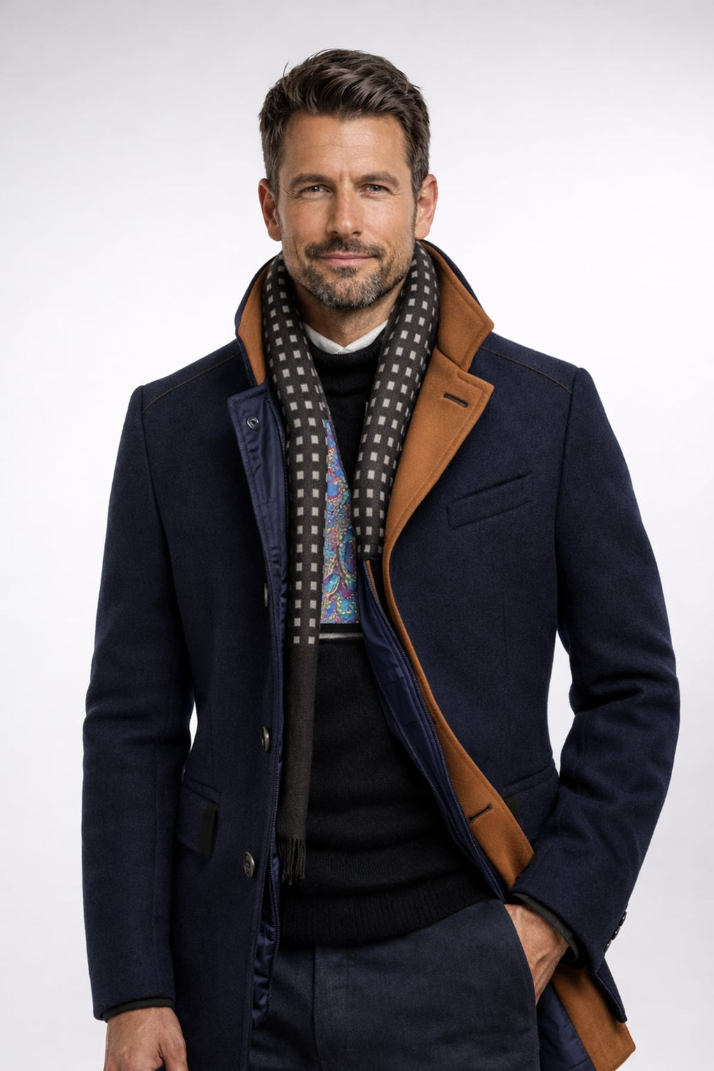 men's slim fit single-breasted overcoat in navy blue