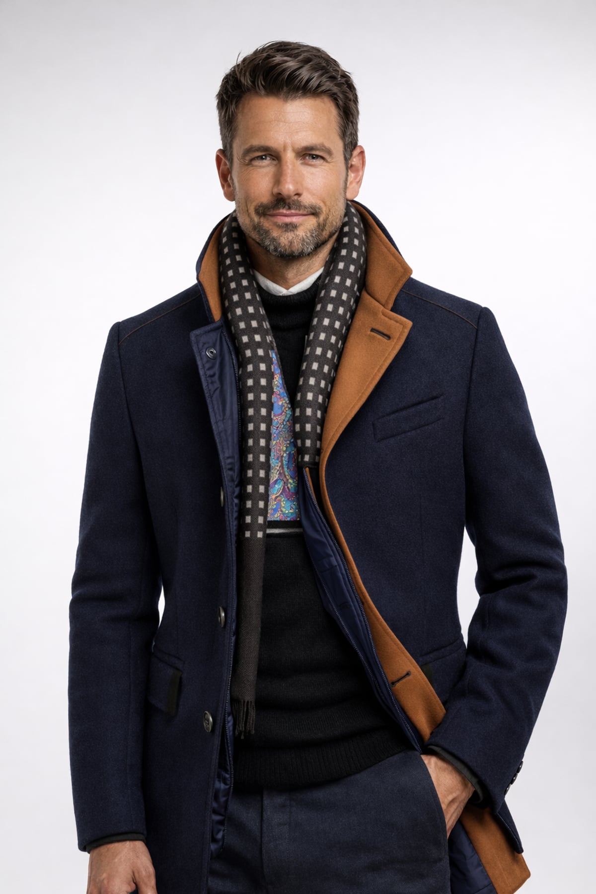 men's slim fit single-breasted overcoat in navy blue