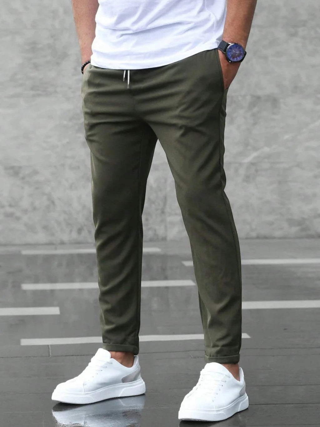 men's slim fit stretch trousers in dark green