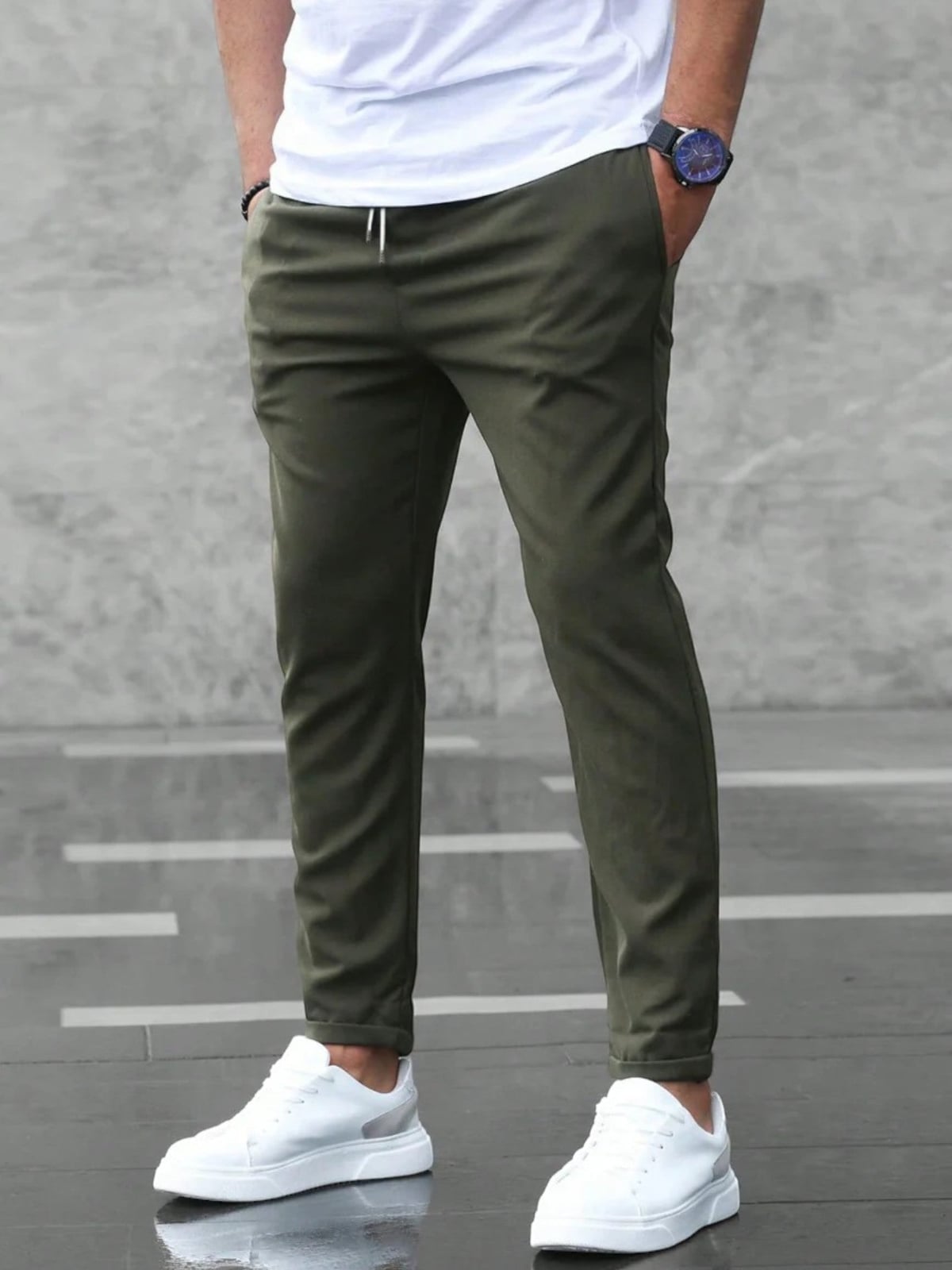 men's slim fit stretch trousers in dark green