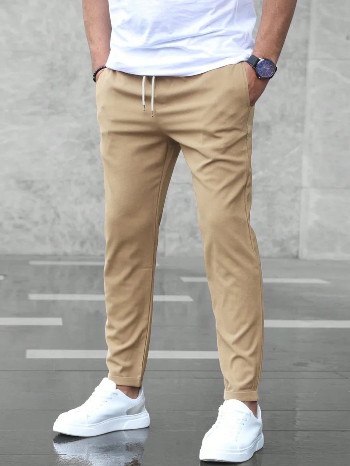 men's slim fit stretch trousers in beige